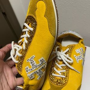 Tory Burch Mustard Yellow Suede Sneakers.